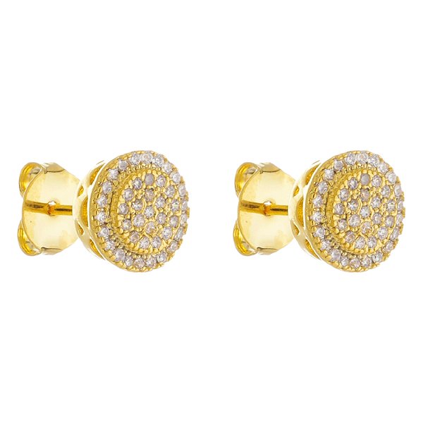Par de Brincos Masculinos Redondo Cravejado Banhado a Ouro 18K