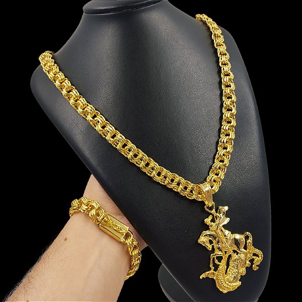 Cordão e Pulseira Friso Triplo Banhado a Ouro 18K + Pingente São Jorge