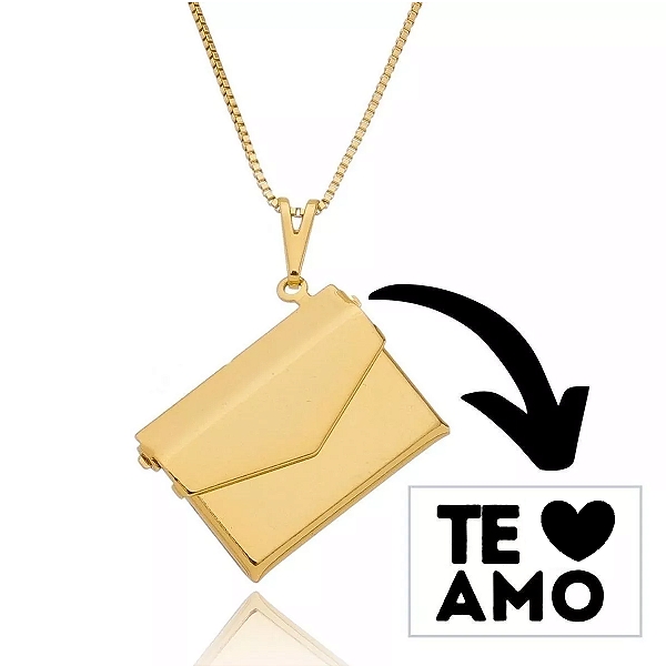Cordão Feminino + Pingente Relicário Carta (ESCOLHA SUA MENSAGEM) Banhado a Ouro 18K