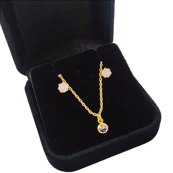 Cordão Feminino Ponto de Luz Banhado a Ouro 18K + Par de Brincos