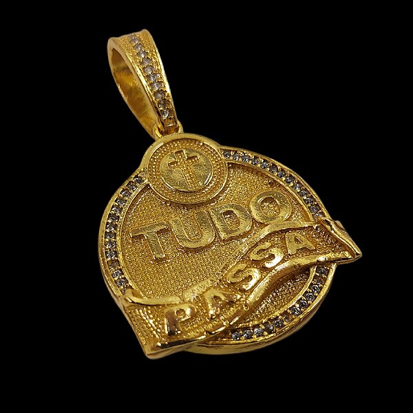 Pingente Medalha Tudo Passa Cravejado Banhado a Ouro 18K