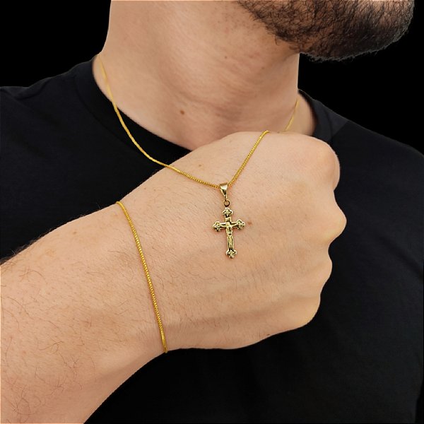 Cordão e Pulseira Veneziana Banhada a Ouro 18K + Pingente Cruz