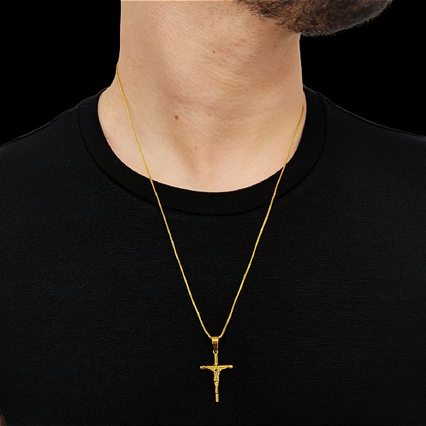 Cordão Veneziano 1,2mm Banhado a Ouro 18K + Pingente Jesus na Cruz