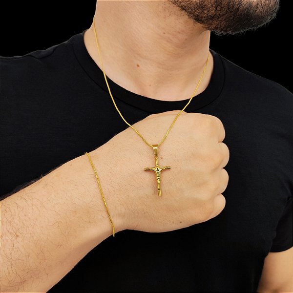 Cordão e Pulseira Veneziana Banhada a Ouro 18K + Pingente Jesus na Cruz
