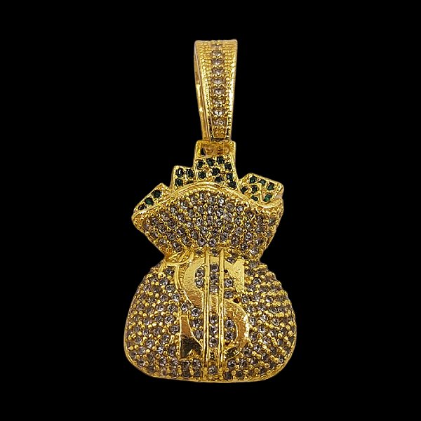 PINGENTE CRAVEJADO SACO DE DINHEIRO CIFRÃO BANHADO A OURO 18K