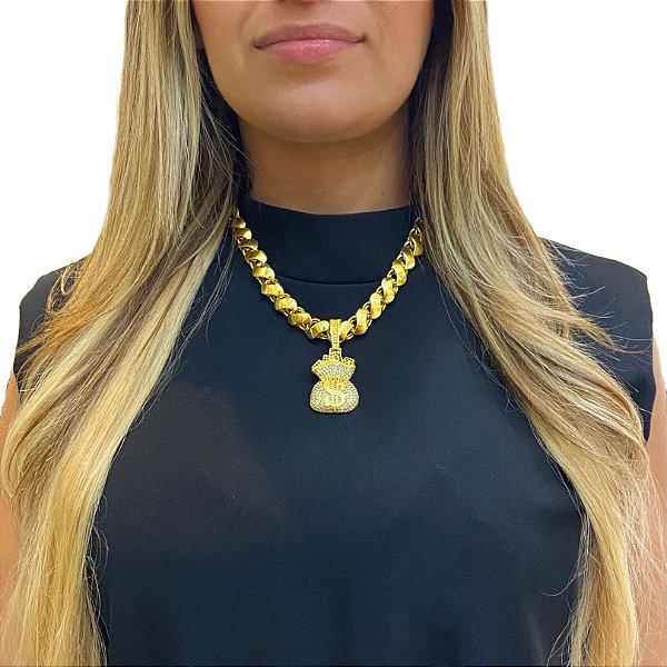 CORDÃO FRISO S FEMININO COM PINGENTE SACO DE DINHEIRO CIFRÃO BANHADA A OURO 18K