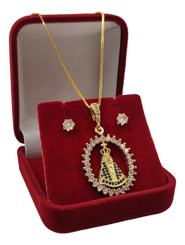 Conjunto Feminino Nossa Senhora Cravejada + Par de Brincos | Cordão Veneziano 45cm