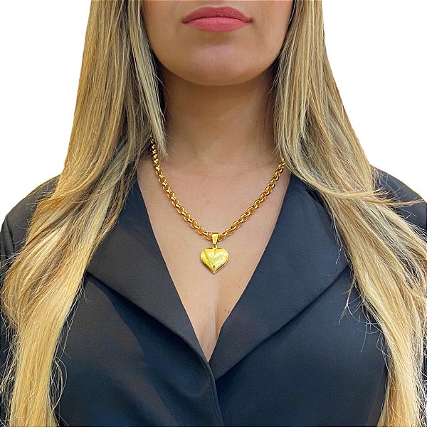 CORDÃO ELO PORTUGUES 7MM FECHO PREMIUM FEMININO COM PINGENTE CORAÇÃO BANHADA A OURO 18K