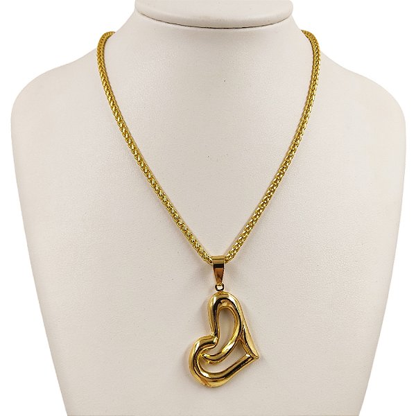 Cordão Feminino Peruano 4mm com Pingente Coração Grande Vazado Banhado a Ouro 18K