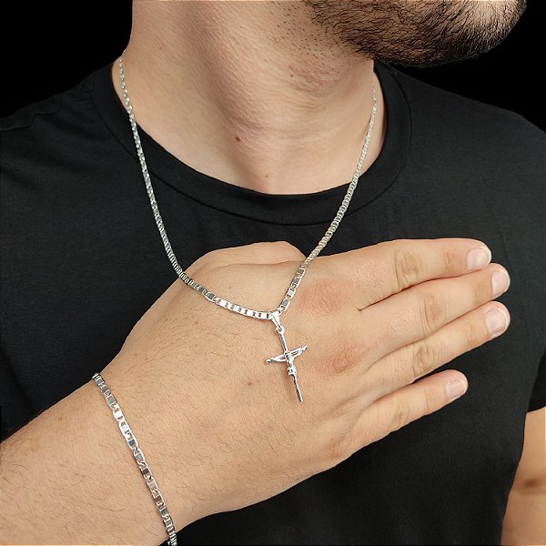 CORDÃO E PULSEIRA PIASTRINE + PINGENTE CRUZ ITALIANA PRATA 925
