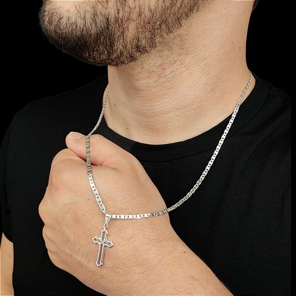CORDÃO 3MM ITALIANA BANHADA A PRATA 925 + PINGENTE VITORIANO