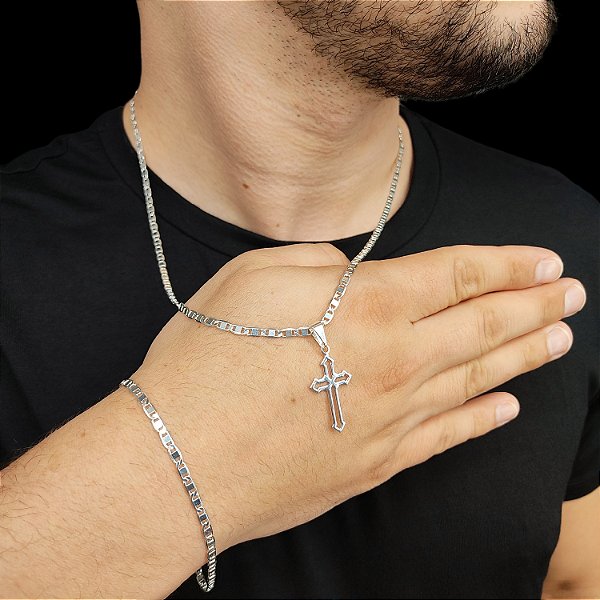 CORDÃO E PULSEIRA 3MM ITALIANA + PINGENTE CRUZ VITORIANO BANHADA A PRATA 925