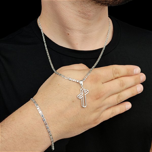 CORDÃO E PULSEIRA 3MM ITALIANA PIASTRINE BANHADA A PRATA 925 + PINGENTE CRUZ 3D