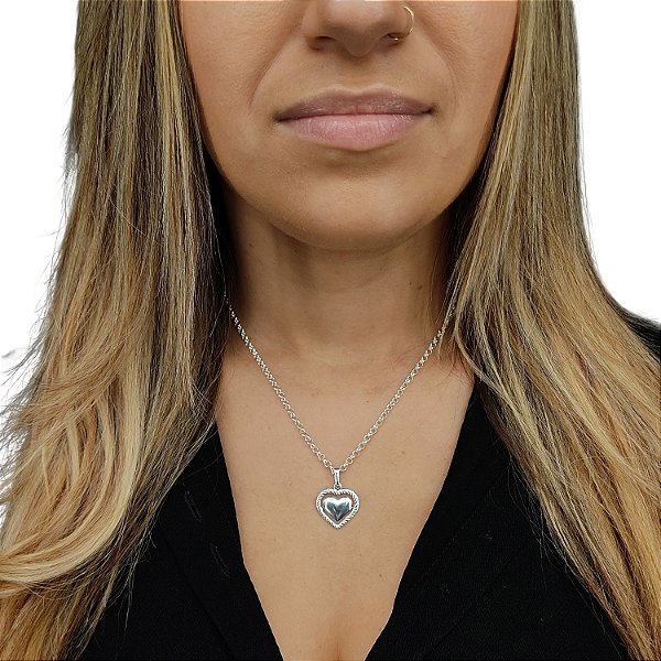 CORDÃO ELO PORTUGUES FEMININO 3MM BANHADO A PRATA 925 + PINGENTE CORAÇÃO COM BORDA