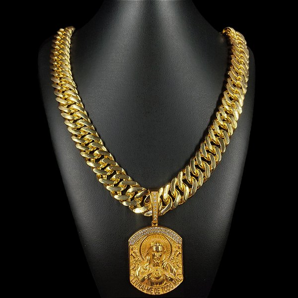 CORDÃO LACRAIA 20MM FECHO DUPLO 750 BANHADO  A OURO 18K + PINGENTE PLACA JESUS