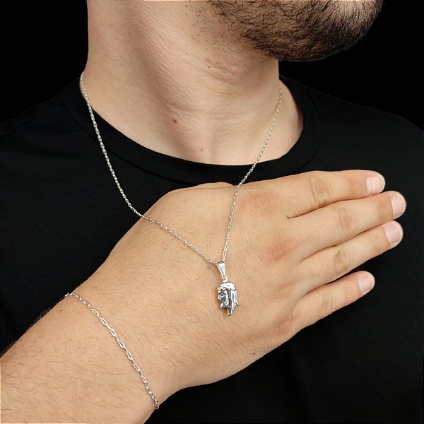 Cordão e Pulseira Cadeado 2mm + Pingente Rosto de Jesus Banhado a Prata 925