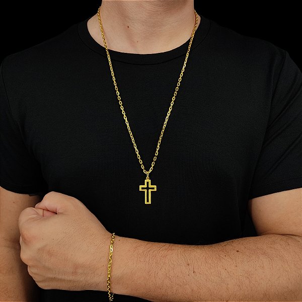 Corrente Cadeado 4mm + Pulseira Fecho Canhão Banhada a Ouro 18K + Pingente Cruz Vazada