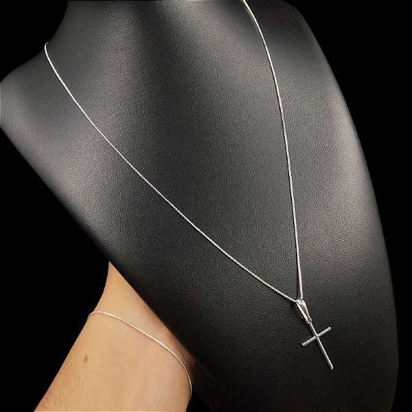 Cordão Masculino Veneziano + Cruz Palito Banhado a Prata 925
