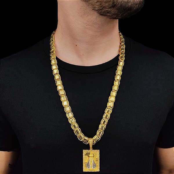 Cordão Dubai 13mm com Fecho Gaveta Duplo Banhado a Ouro 18K + Pingente Nossa Senhora Cravejado