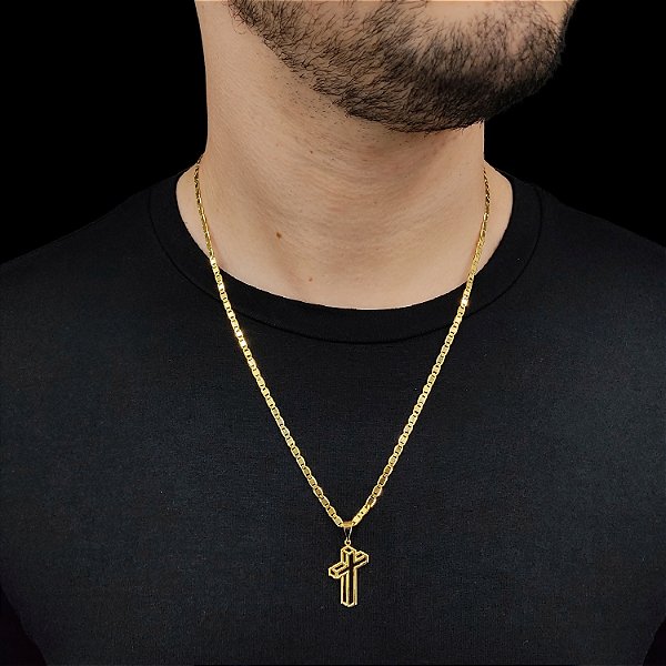 Cordão Italiano Piastrine 3mm Banhada a Ouro 18K + Cruz 3D