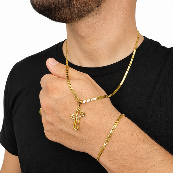 Cordão e Pulseira Italiana Piastrine 3mm Banhada a Ouro 18K + Crucifixo 3D