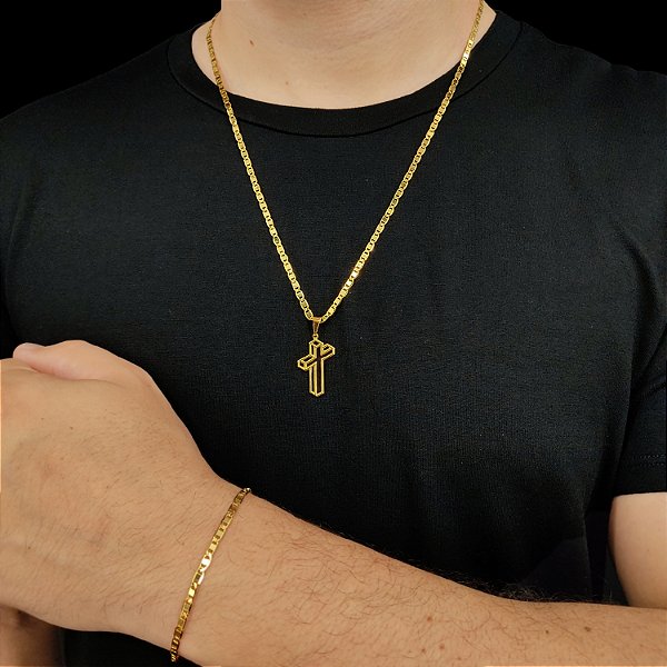 Cordão e Pulseira Italiana Piastrine 3mm Banhada a Ouro 18K + Crucifixo 3D