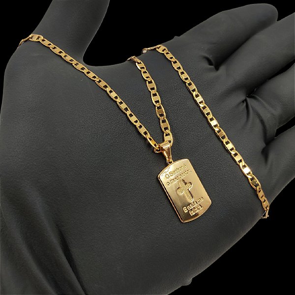 Cordão Italiano Piastrine 3mm Banhado a Ouro 18K + Medalha Salmo 23