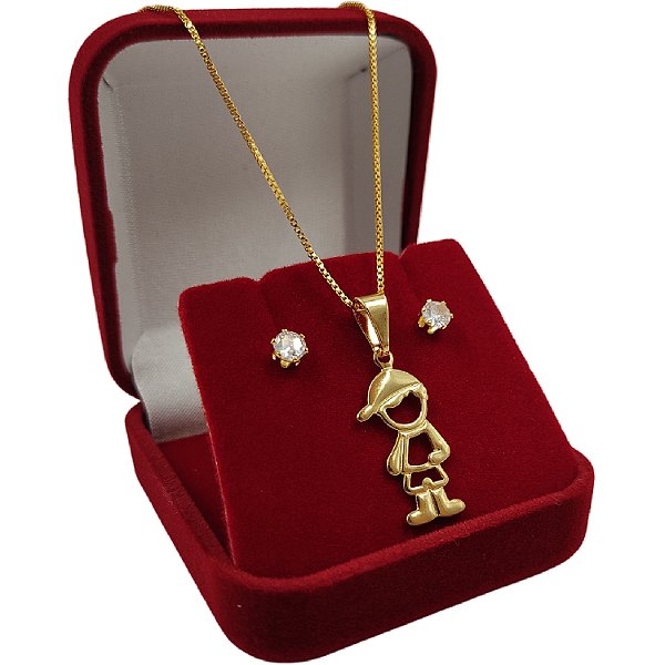 Cordão Veneziano Feminino 1,5mm com Pingente Filho ou Filha + Par de Brincos