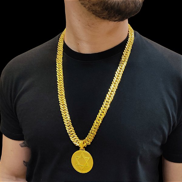 Cordão 13mm Grummet Lacraia Banhado a Ouro 18K + Medalha Estrela de Davi