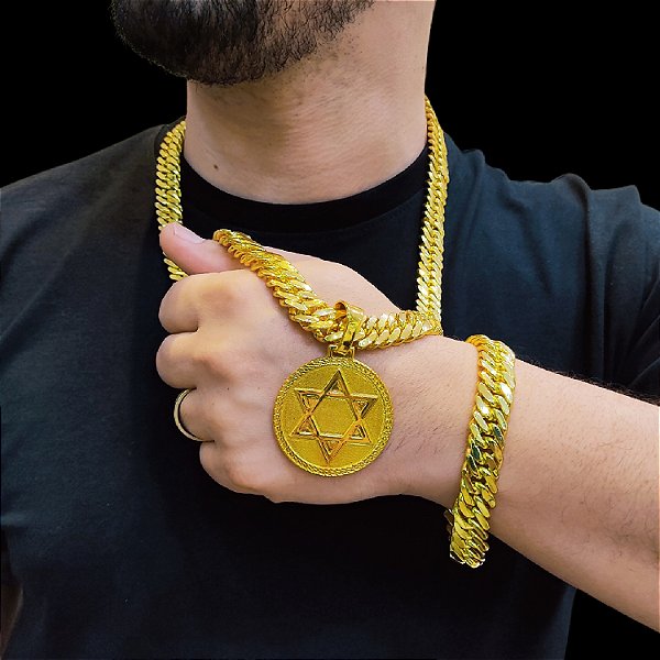 Cordão e Pulseira Lacraia 13mm Banhada a Ouro 18K + Pingente Estrela de Davi