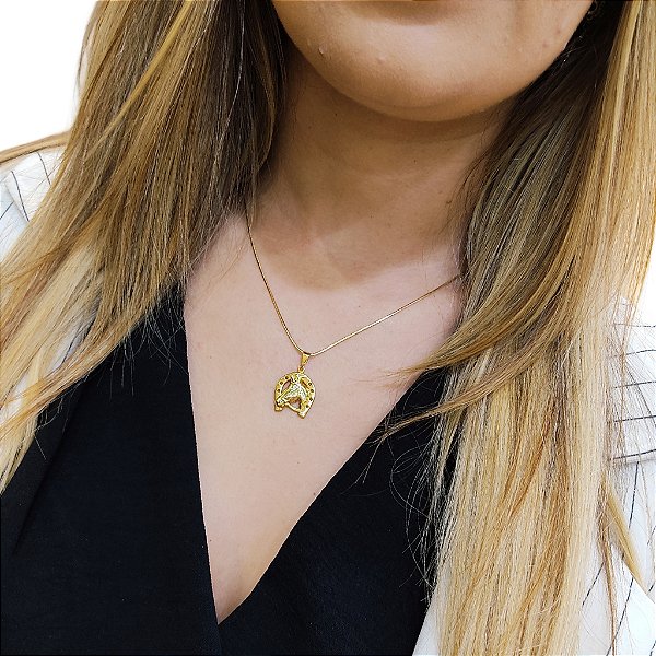 Cordão Feminino Rabo de Rato 1,5mm Banhado a Ouro 18K + Pingente Ferradura