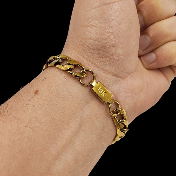 Pulseira Masculina 10mm Banhada a Ouro com Fecho Gaveta e Marcação 18K