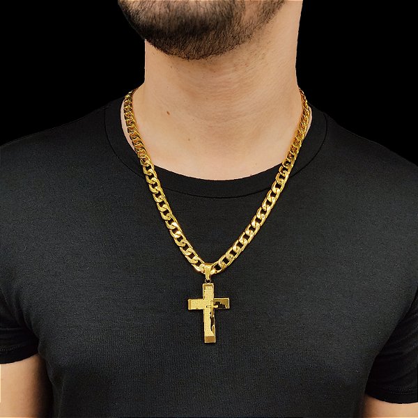 Cordão Masculino 10mm Banhado a Ouro Fecho Marcação 18K + Pingente Oração Alto Relevo