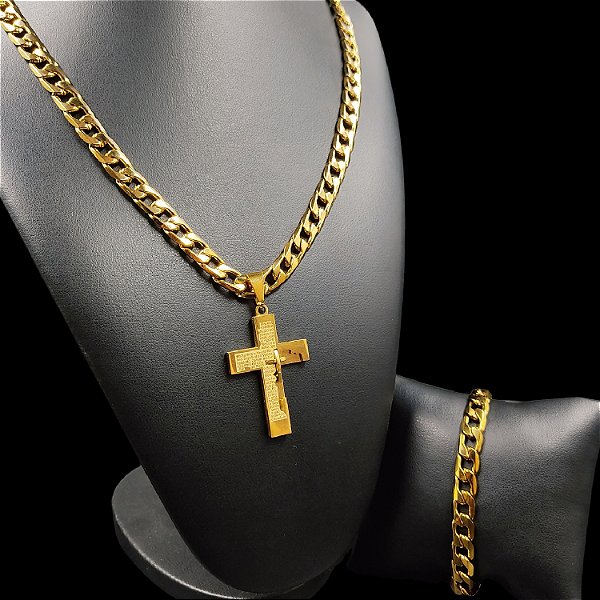 Cordão e Pulseira 10mm Fecho Gaveta Banhado a Ouro Marcação 18k + Pingente Alto Relevo Oração