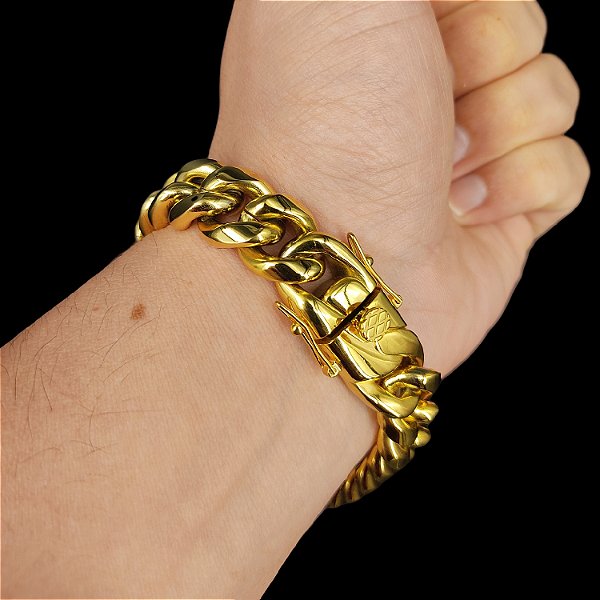 Pulseira 13mm Grummet Pitbull Fecho Duplo Banhado A Ouro 18k