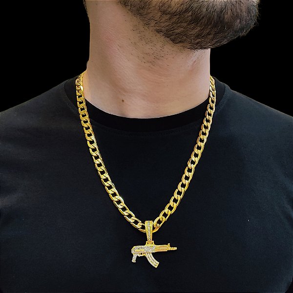 Cordão Masculino 10mm Banhado a Ouro Fecho Marcação 18K + Pingente Fuzil Cravejado