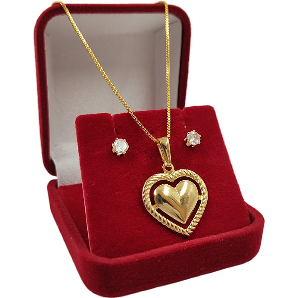 Conjunto Feminino | Cordão Veneziano + Pingente Coração + Brincos