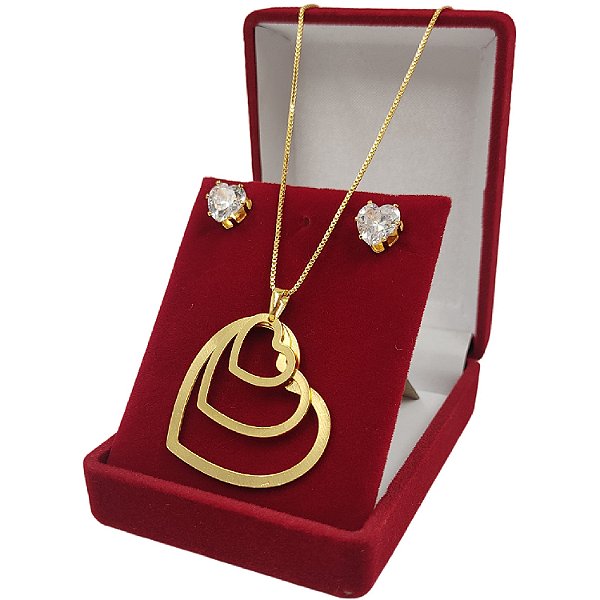 Conjunto Feminino Corações + Brincos Zircônia | Banhado a Ouro 18K 45cm