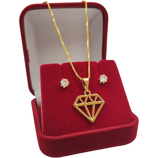 Conjunto Feminino Banhado a Ouro 18K com Pingente Diamante + Brincos