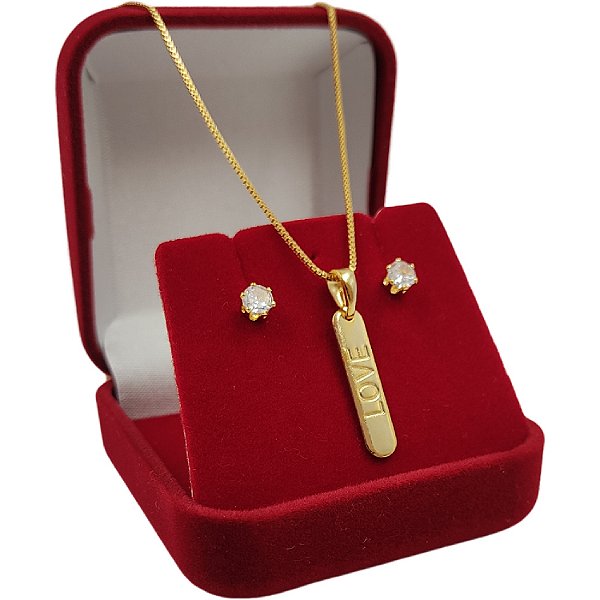 Conjunto Feminino – Cordão Veneziano com Pingente LOVE + Brincos Ponto de Luz