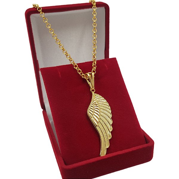 Cordão Elo Português 3mm 45cm Banhado a Ouro 18K com Pingente Asa de Anjo