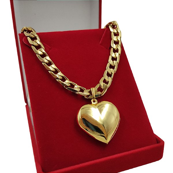 Colar Feminino 10mm Grumet Fecho 18K Banhado a Ouro + Pingente Coração Grande