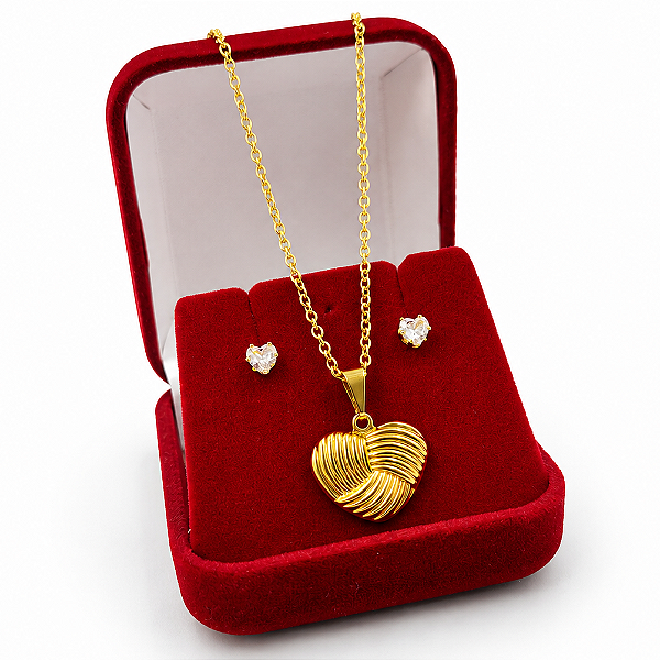 Conjunto Feminino Coração Banhado a Ouro 18K com Brincos de Zircônia