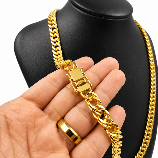 Cordão Masculino Lacraia 10mm Fecho Duplo Banhado a Ouro 18K