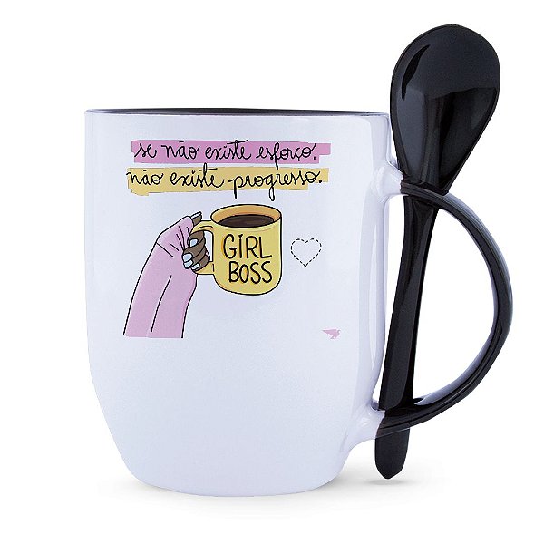 Caneca Girl Boss Cerâmica Branca com Colher e Interior Preta 325ml - Darosaa