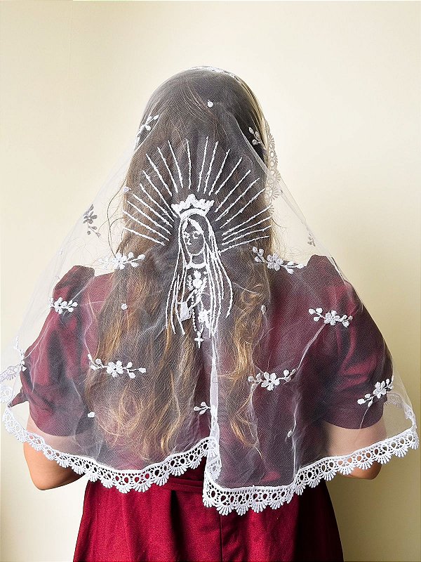 Véu Bordado Fátima Floral Branco