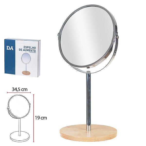 Espelho de Maquiagem Aumento 2x Dupla Face Rotativo Base Bambu