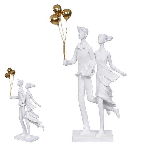 Escultura Decorativa em Poliresina Casal (Branco Dourado) 34 x 16 x 8,2cm