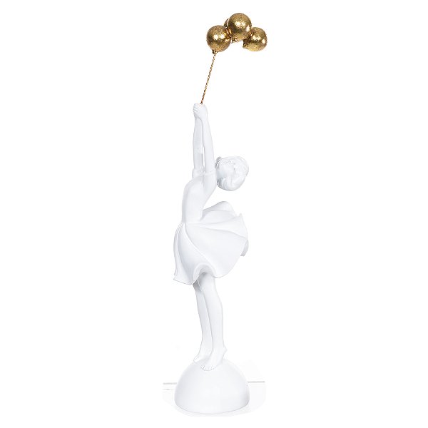 Escultura Decorativa em Poliresina Menina (Branco Dourado) 30 x 7 x 6,5cm