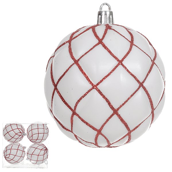 BOLA DECORADA NATAL NO PVC C/4 UND (BRANCO VERMELHO) 8cm